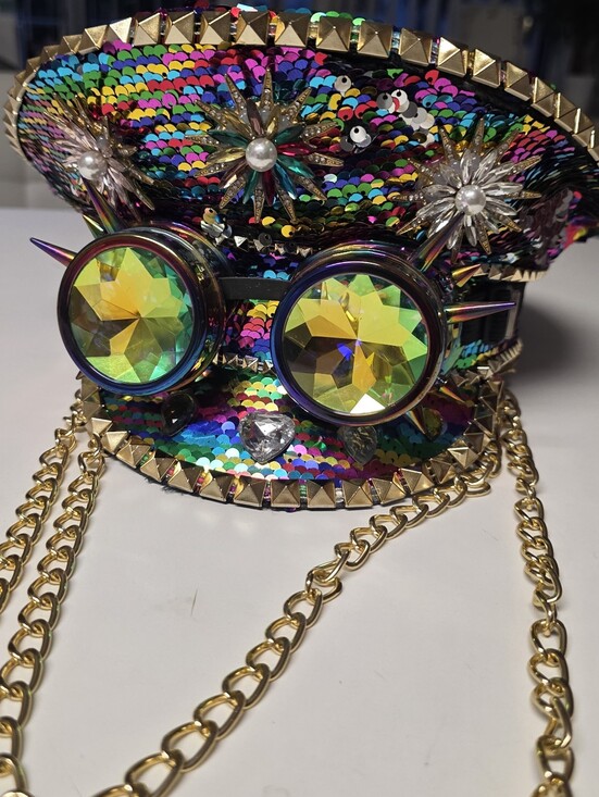 Burning Man Inspired Sequin Festival Hat with Steampunk Goggles – Handmade State main image 4